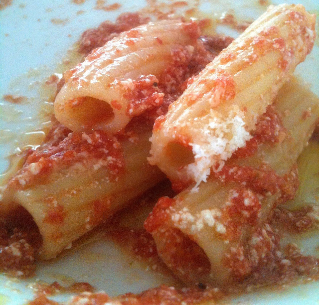 Close up of pasta with ricotta and tomato sauce.