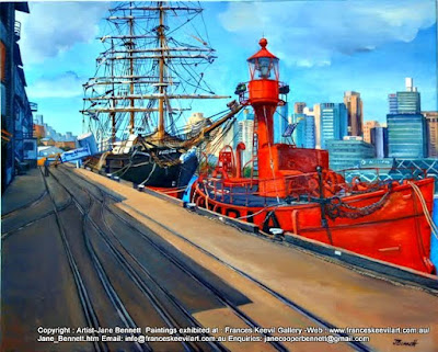 plein air oil painting of the tall ship 'James Craig' and lightship 'Carpentaria' at Wharf 7 Pyrmont by maritime artist Jane Bennett