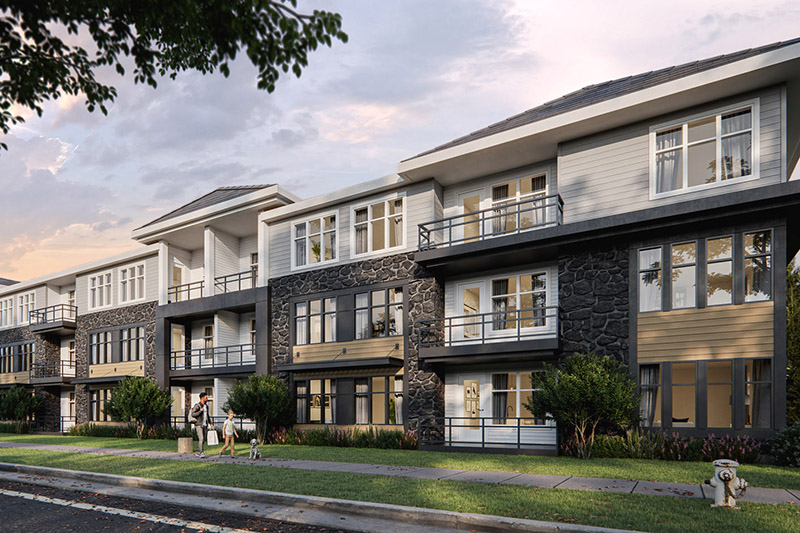 Elevation rendering of low rise condos under development by Qualico in North West Calgary