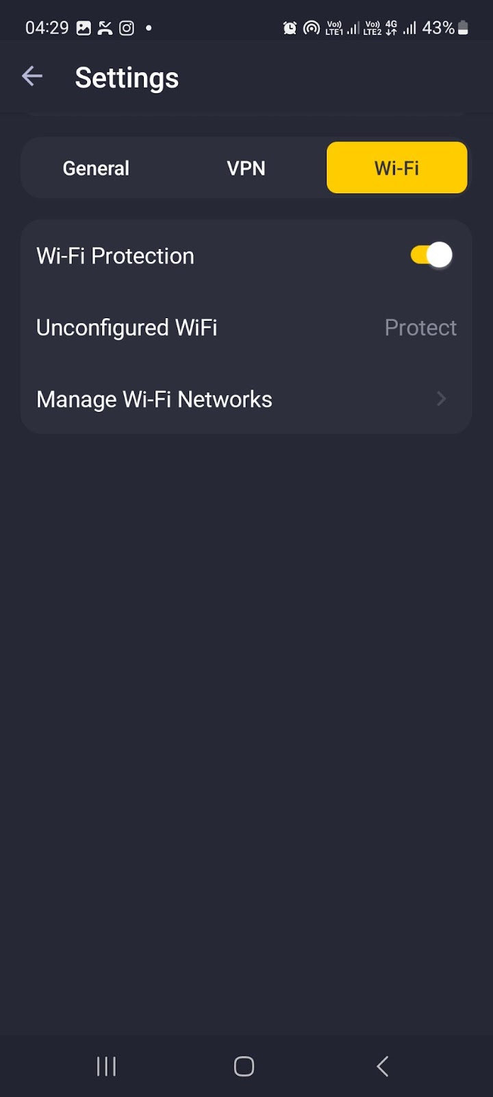 A screenshot of CyberGhost VPN's Wi-Fi settings on Android