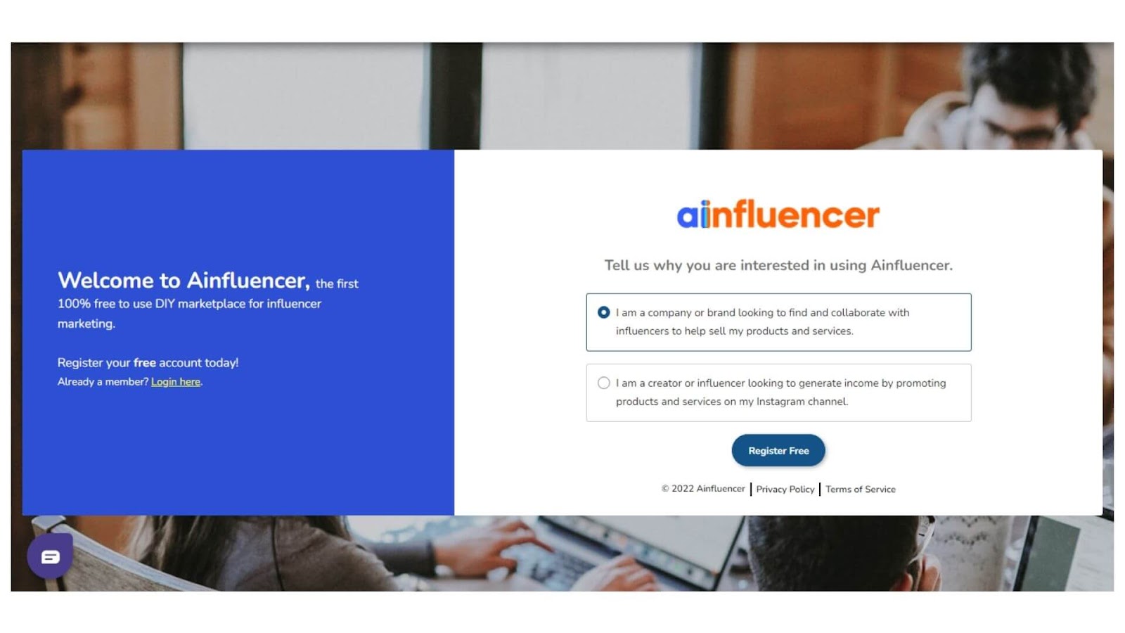 Ainfluencer Instagram service sign up