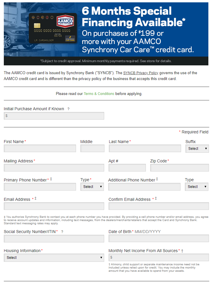 AAMCO credit card application