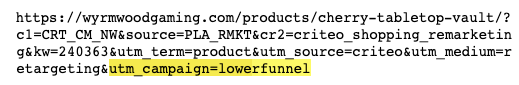 Example Wyrmwood Gaming ad clickthrough URL, with UTM query string parameters for audience targeting showing the ad is intended for prospect in the lower conversion funnel stage