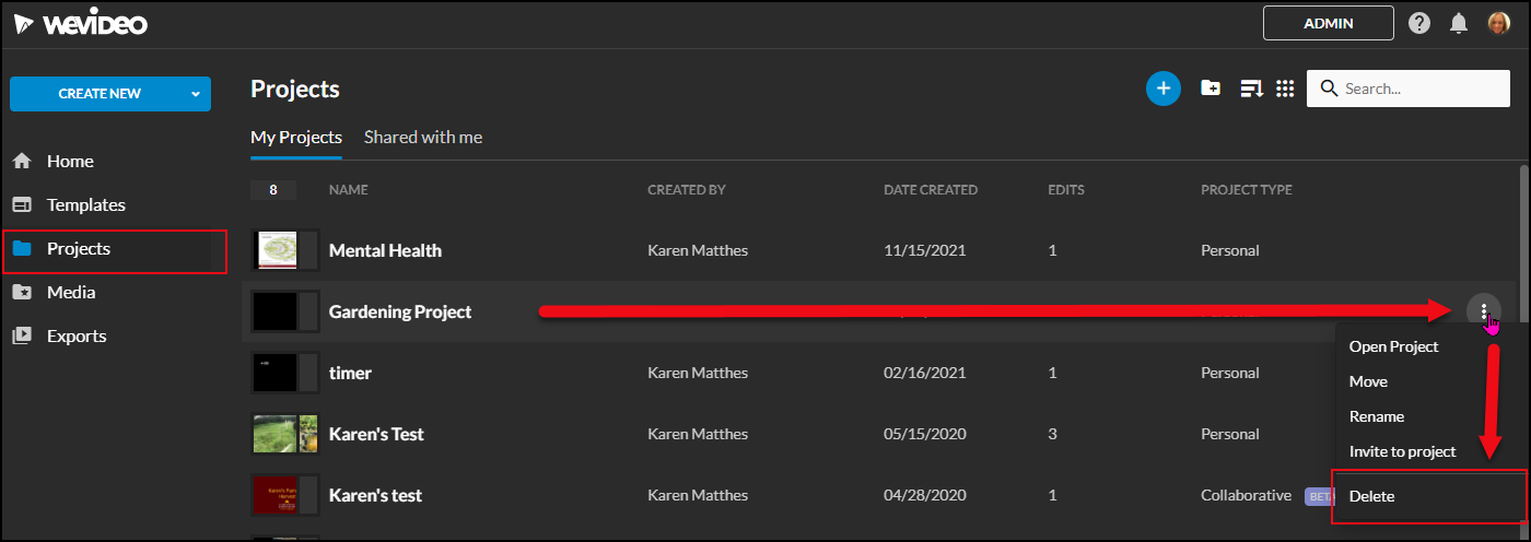 delete a project in WeVideo