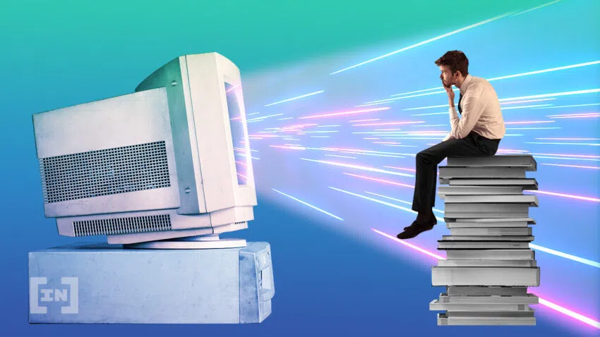 Ein Mann sitzt auf einem Stapel überdimensionaler Bücher und starrt in einen veralteten Röhrenbildschirm, der ihn mit neonfarbenen Strahlen beschießt. Eine Illustration zur Darstellung von Weltwissen im Internet neu interpretiert.