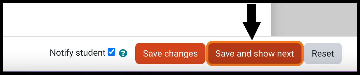 Arrow pointing to Save and show next button with a Save changes button to the left of it and a Reset button to the right of it