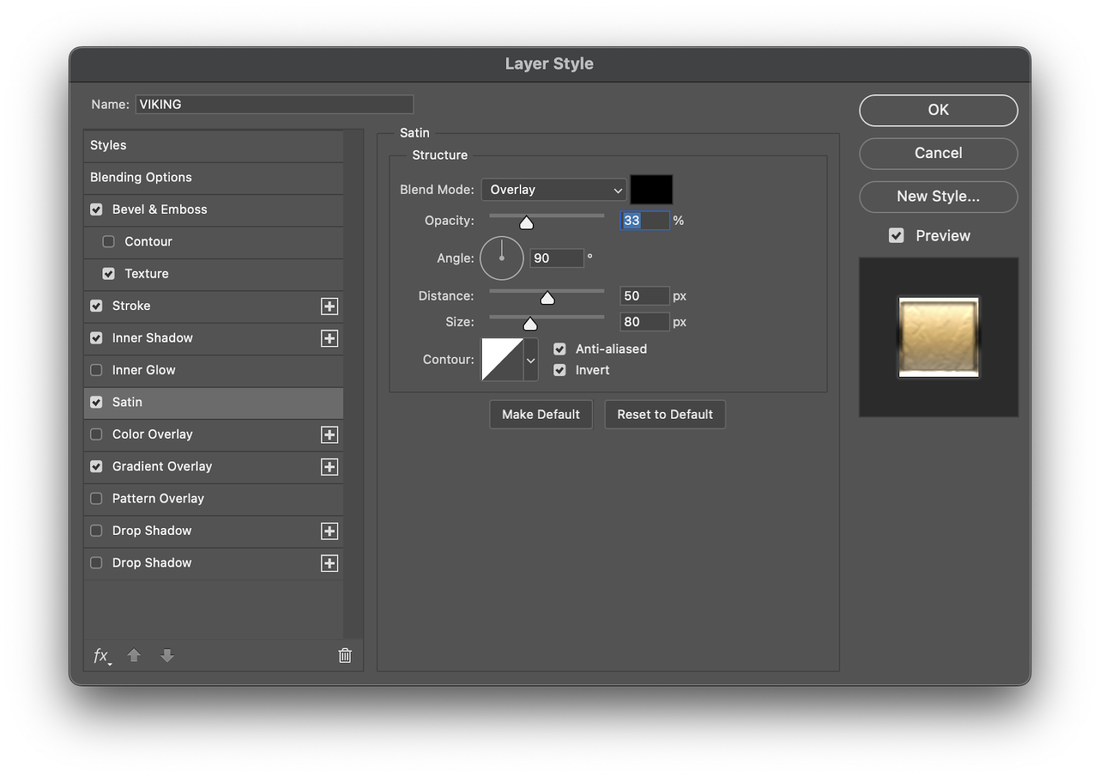 Image from the Photoshop Tutorial on how to create a simple and scalable gold effect with layer styles