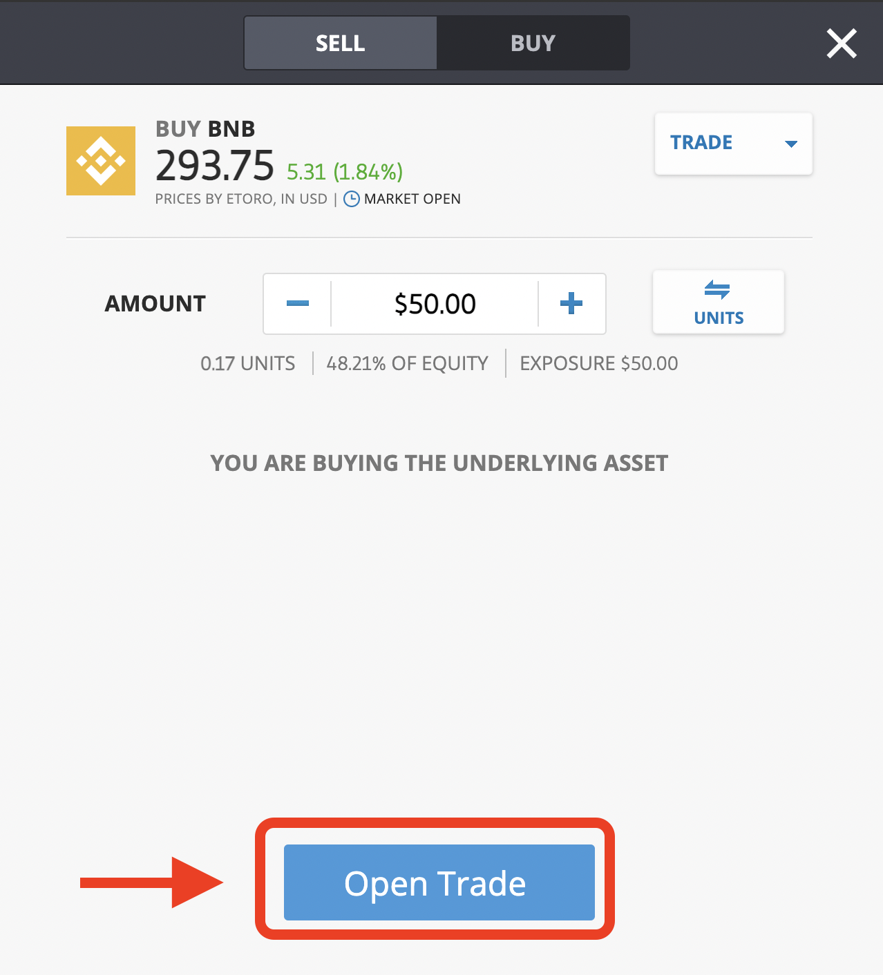 Open trade to buy BNB 