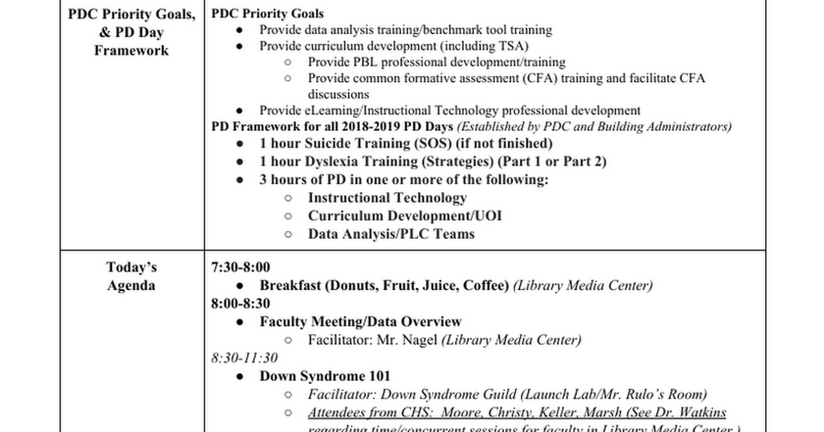 CHS: Professional Development Day Agenda (Dec. 7th, 2018)