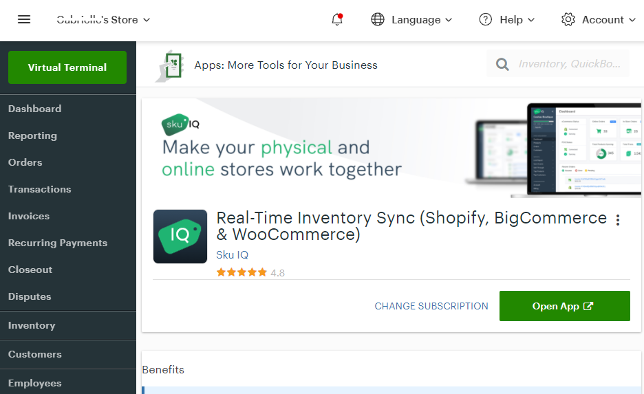 clover app marketplace page for SKU IQ (Real-Time Inventory Sync)