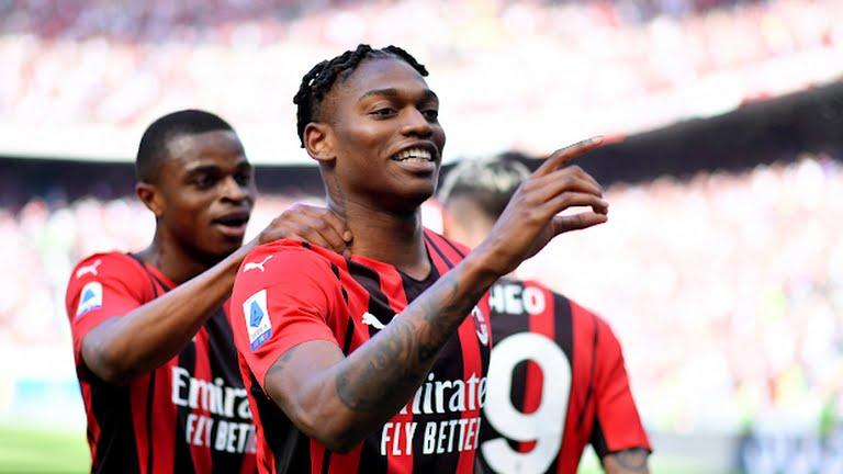 Rafael Leao celebrates after scoring a goal for Milan