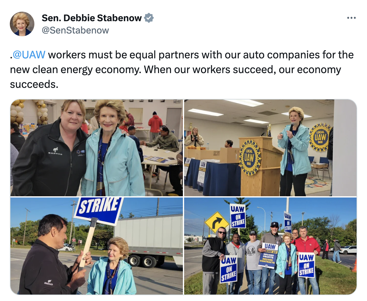 Screenshot of a tweet from Senator Stabenow supporting the UAW workers on strike with 4 photos of her attending a picket line