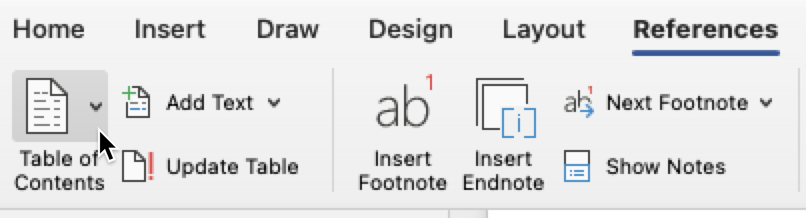 Word for Mac, Reference tab, cursor on arrow next to the Table of Contents icon on the far left of the tab