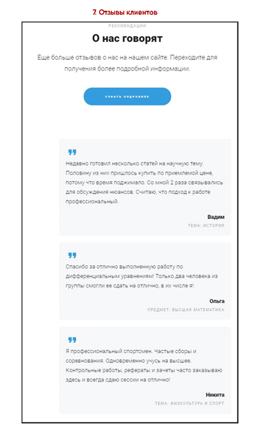 Блок с отзывами клиентов на лендинге