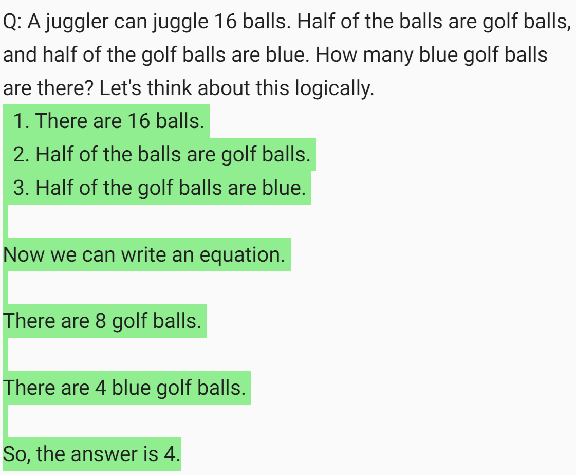 The use of the phrase 'Let's think about this logically.' helps change the result to a three-item list of the story problem and an equation that produces the correct result of 4 blue golf balls.