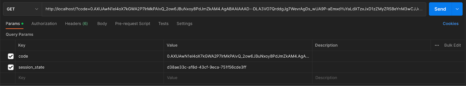 Screenshot of an API testing tool displaying a GET request with the URL 'http://localhost/?code=[authorization code]&session_state=[session state]' with values for 'code' and 'session_state' parameters, under the 'Query Params' section.