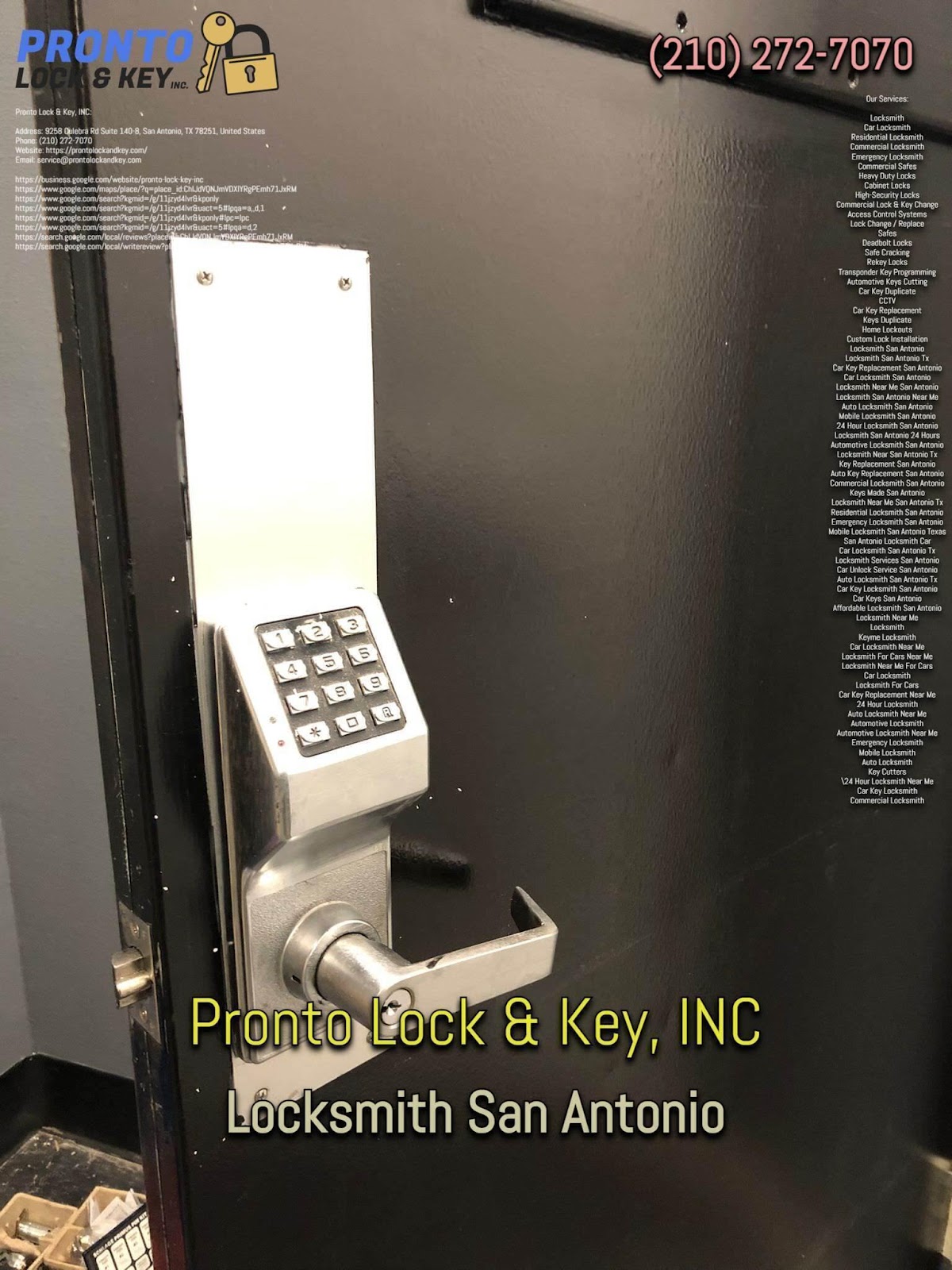 Pronto Lock and Key, INC, a licensed and insured local locksmith in San Antonio, has become the go-to name for people who find themselves in emergency situations because of its reliable, prompt, and professional services.