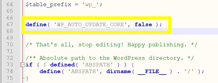 Image of how to add code to your wp-config file. How to disable WordPress auto update