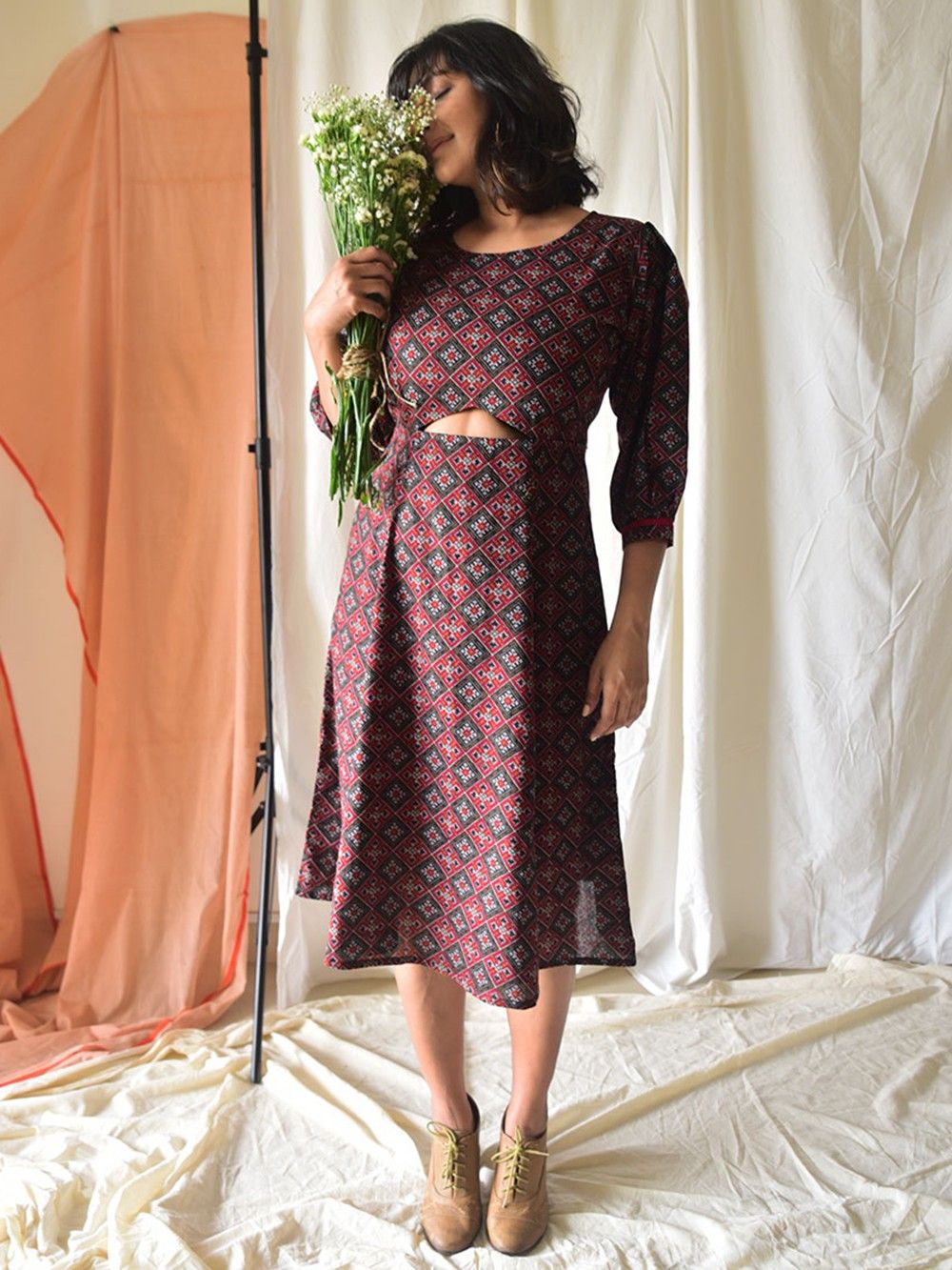 the loom - Maroon Black Ikat Printed Cotton Dress