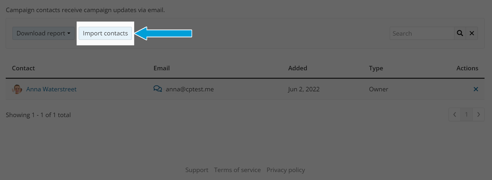 Screenshot of Contacts menu. Under 'Campaign contacts receive campaign updates via email', there are two buttons: Download report, Import contacts. Import contacts is highlighted