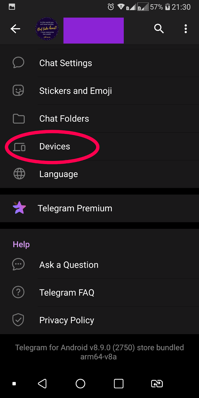 Telegram app device settings