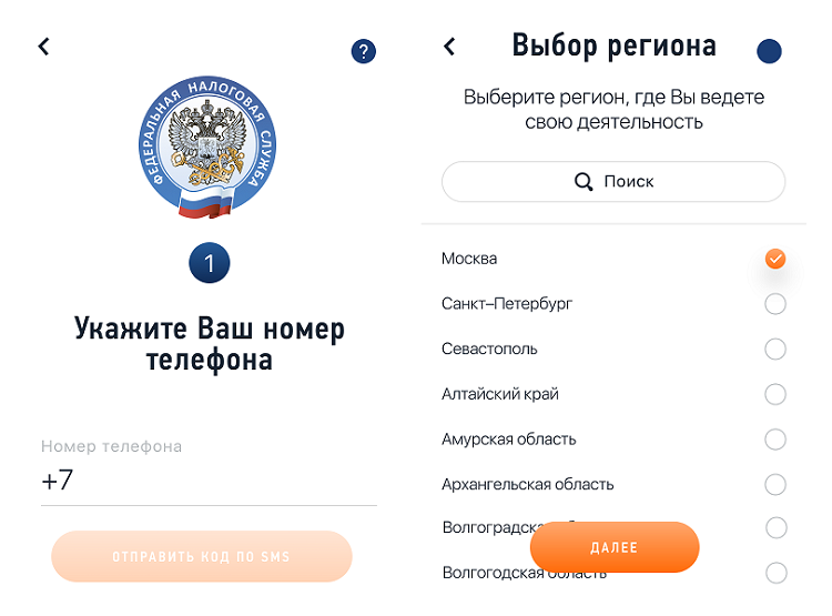 Начинается регистрация с ввода номера и выбора региона в приложении «Мой налог»