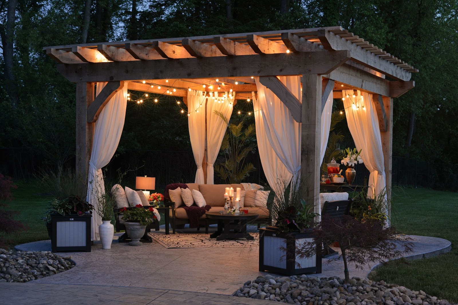 night time pergola; modern outdoor furniture ideas