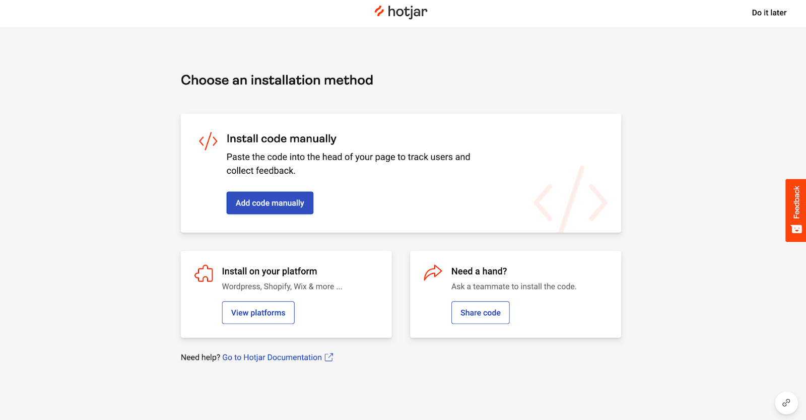 Hotjar's installation method options
