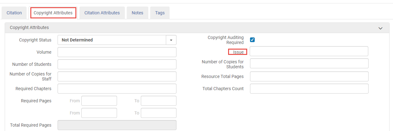 Screenshot of the Copyright Attributes tab of a citation with Issue highlighted