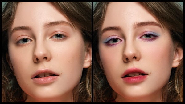 antes e depois da foto de uma mulher branca sendo que uma foi editada com a maquiagem Candy do AirBrush