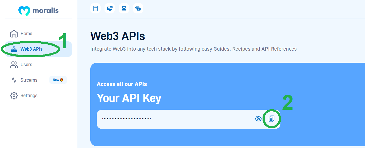 Passo 1, clique no botão Web3 APIs.  Etapa 2, copie a chave API.