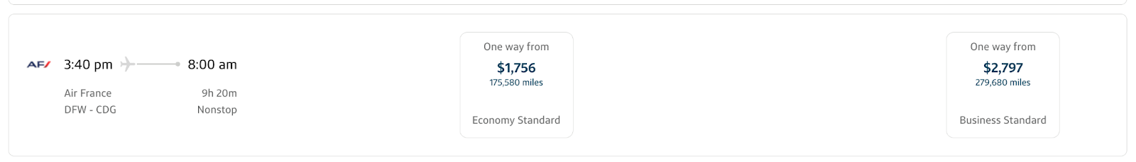 This image shows the dollar cost of an Air France flight through the Capital One Travel Portal