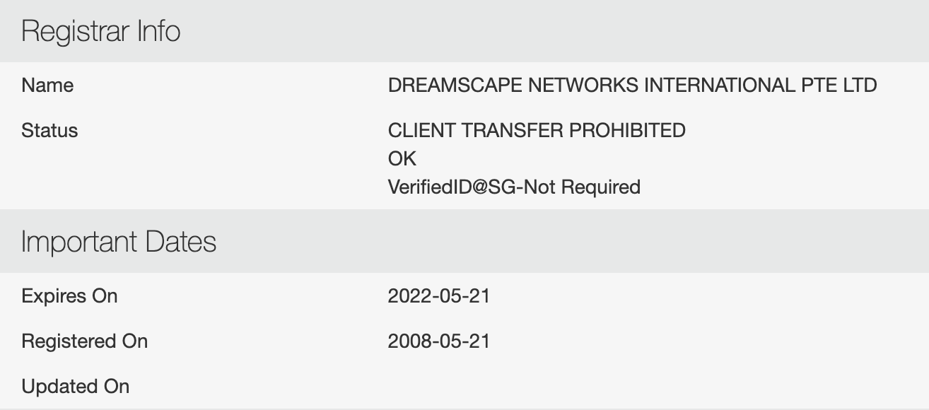 Screenshot example of domain registrar information