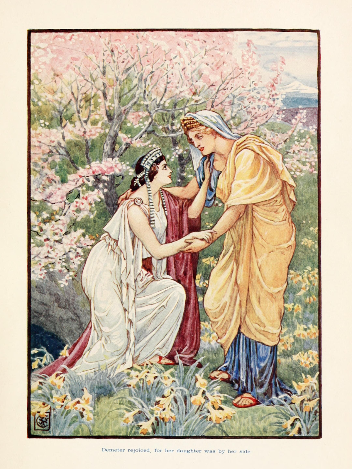 This painting, titled Demeter and Persephone by Walter Crane, depicts the reunion of Persephone and her mother, Demeter, after Persephone's kidnapping.