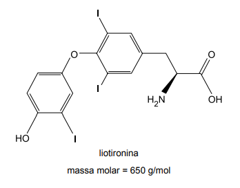 Imagem contendo a estrutura química a liotironina apresentando a massa molar de 650 g/ mol
