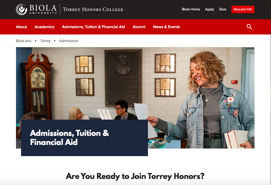 A screenshot of Torrey Honors College's webpage
