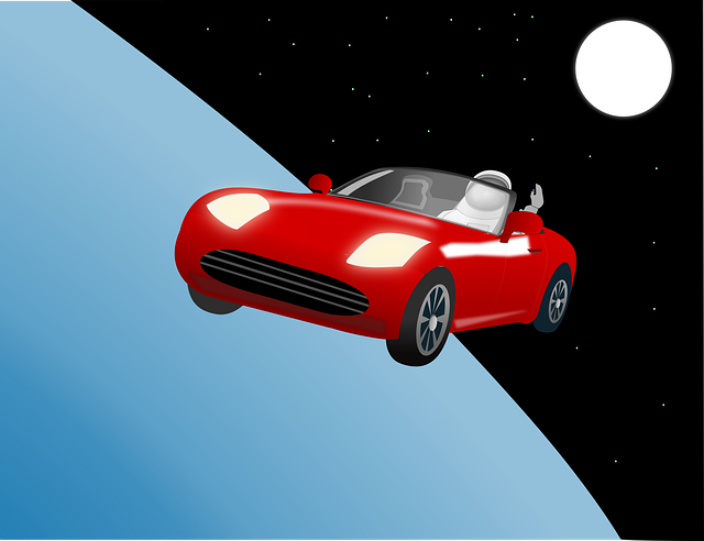 Cartoon representation of Elon Musk's SpaceX Tesla Roadster in space