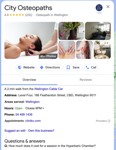 An image of a private practice Google Business Profile as it appears in Google. 