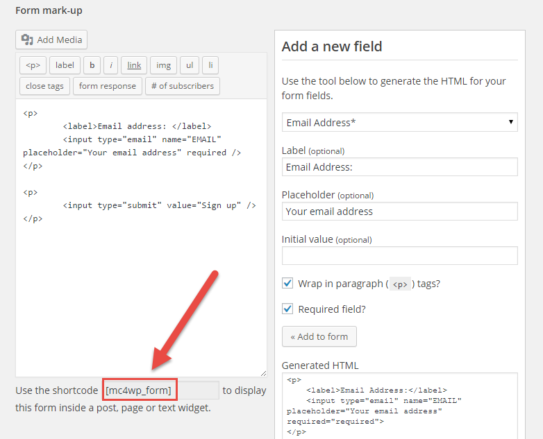 MailChimp para WordPress - página de opção de formulários (construtor)