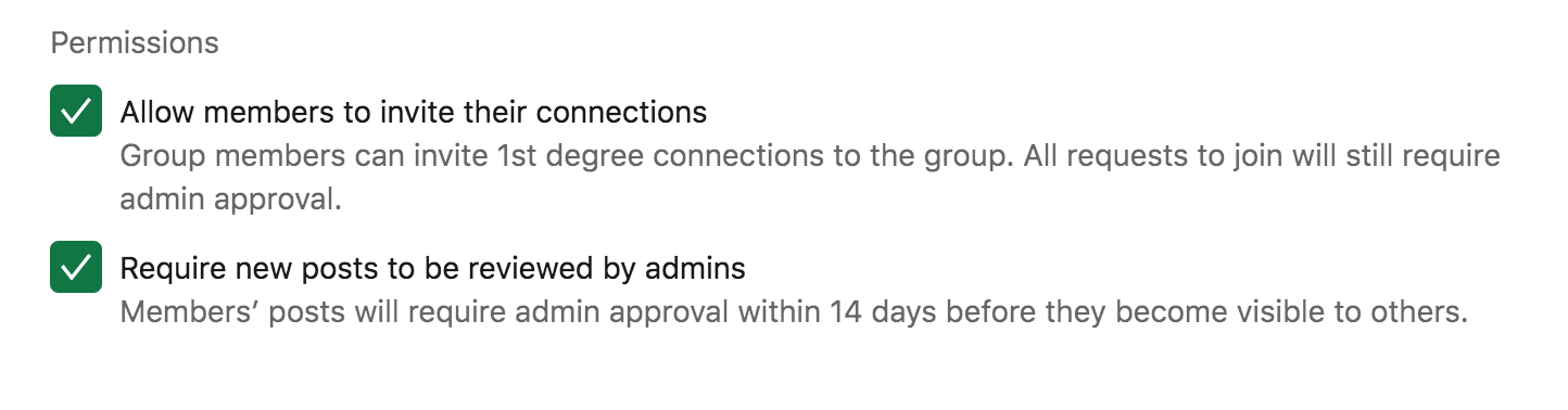 An image of the different permissions levels you can set on a LinkedIn Group