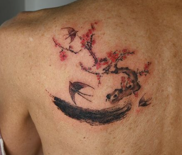 Cherry Blossom And Swallows Tattoo