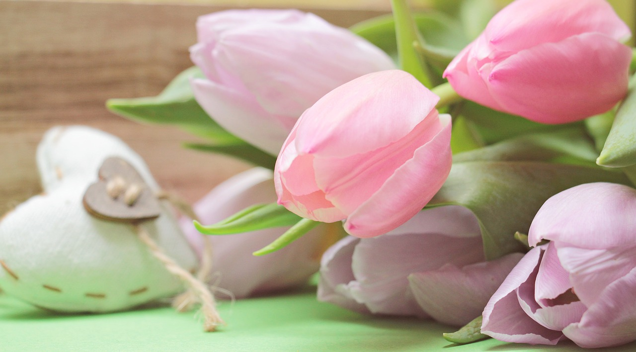 A bunch of pink and lilac tulips next to a heart.