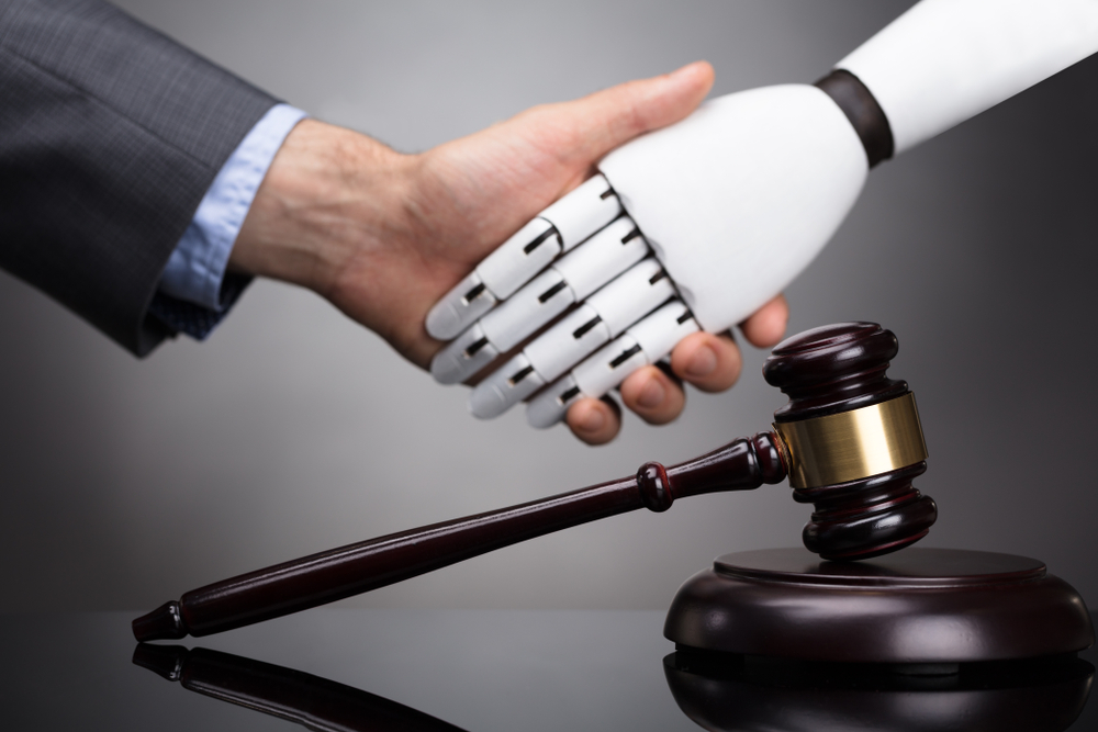 an image of AI and Law shaking hands and collaborating to innovate automation in the law industry.