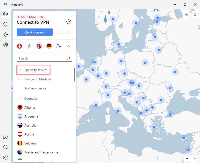 NordVPN Specialty Server's list