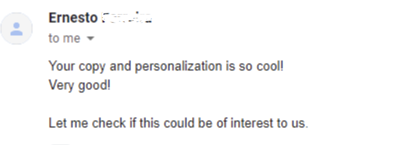 Screenshot of email complimenting on copy personalization.