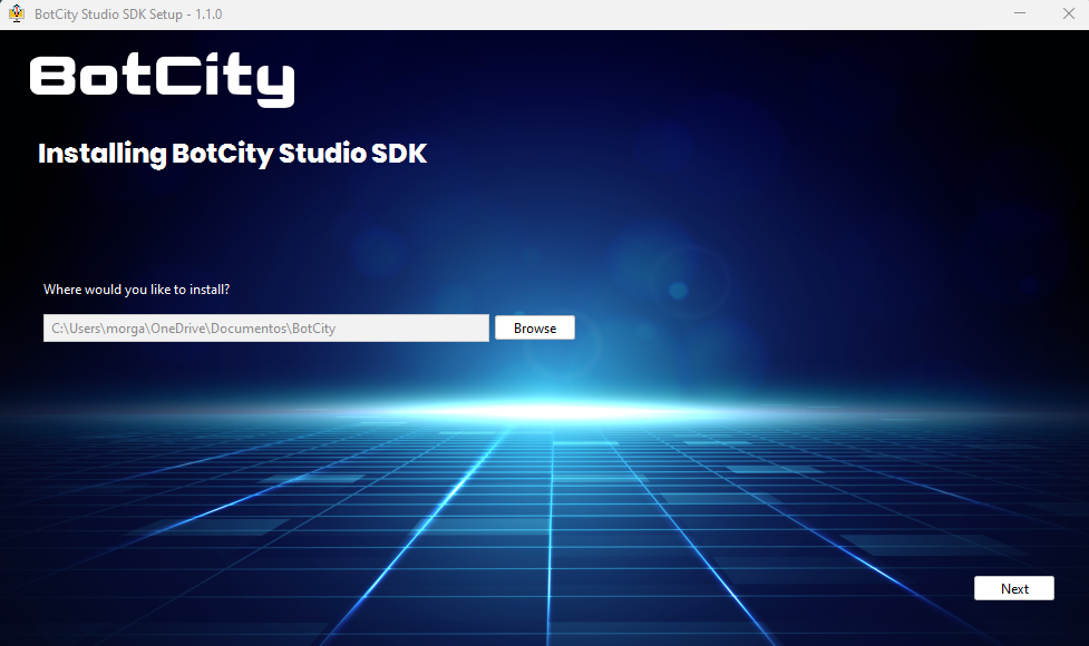 Print da tela inicial da instalação do BotCity Studio SDK. Contém um campo perguntando onde a pessoa deseja realizar a instalação e um botão "browser" para que seja escolhido este local. No canto direito inferior tem o botão "next".