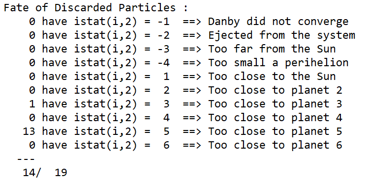 Screenshot of iterations of fate of particles code, this is to test where the asteroid will end up, relative to other planets in our solar system. 