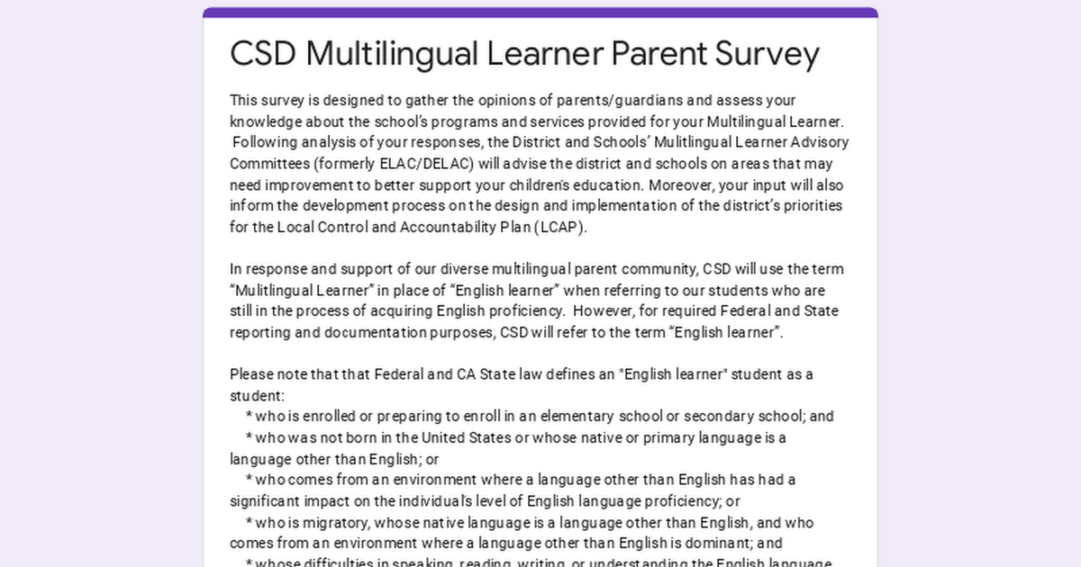 CSD Multilingual Learner Parent Survey