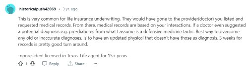 A person responds to a Fabric life insurance review by explaining that when lie insurance companies look at medical records, mistakes can easily be made. 